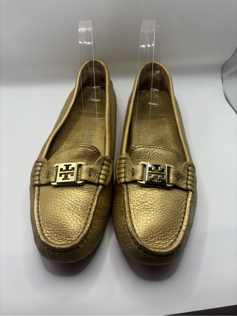 Tory Burch Gold Leather Driving Loafers with Logo Hardware
